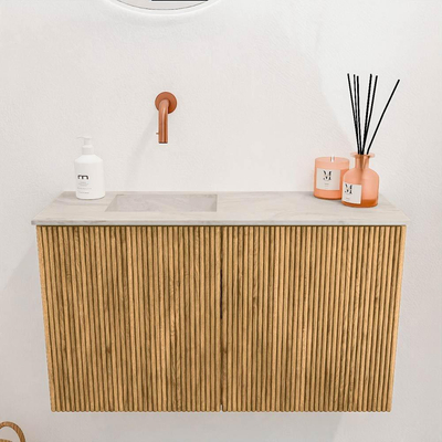 Mondiaz JOYA-DLUX 70cm toiletmeubel - kleur Oak - Wastafel FAYE positie Links Zonder kraangat kleur Ostra.