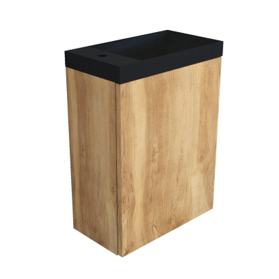 Arcqua Marble fontein – 40x22x54.5 cm – marmer zwart mat – zonder kraan – eiken frame naturel, zonder overloop