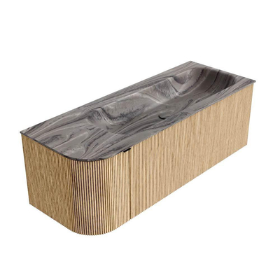 MONDIAZ KURVE-DLUX Meuble de salle de bains 125cm arrondi à gauche couleur Oak avec 1 tiroir et 1 porte. Lavabo BIG MEDIUM à droite 1 trou de robinet Sombra.