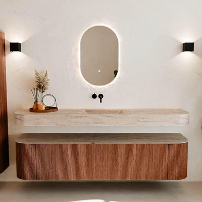 MONDIAZ THOR-DLUX Meuble de salle de bains - 190cm - arrondi gauche + droite - couleur Ruby - 2 tiroirs et 2 portes - Vasque suspendue CLOUD Milieu sans trou de robinet couleur Saba