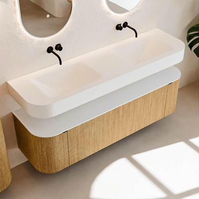 MONDIAZ THOR Meuble de salle de bains 160cm arrondi gauche + droite couleur Oak avec 1 tiroir et 2 portes. Vasque suspendue CLOUD Double sans trou de robinet couleur Talc.