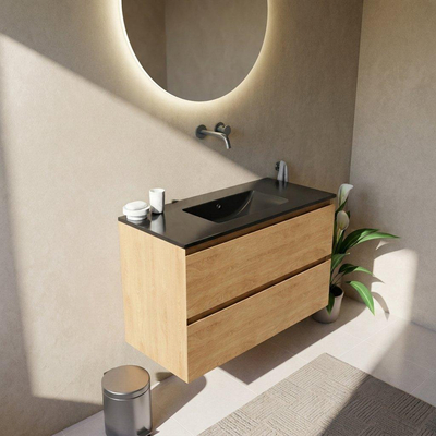 Saniclass Holz Pure Ensemble de meubles de salle de bains - 100x45x62cm - Lavabo Vygo en céramique noir - 1 vasque - sans trou de robinet - 2 tiroirs - chêne natural mat (bois)
