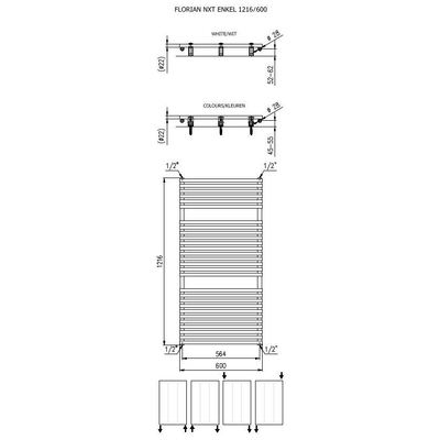 Plieger Florian Nxt designradiator enkel horizontaal 1216x600mm 750W zwart grafiet (black graphite)