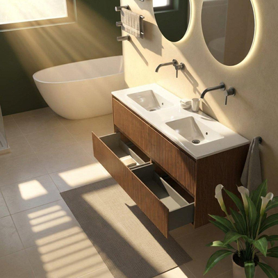 Saniclass Holz Atelier Ensemble meuble de salle de bains - 140x45x62cm - lavabo Vygo en céramique blanc - 2 vasques - sans trous de robinet - 4 tiroirs - brillant walnut pure (bois)