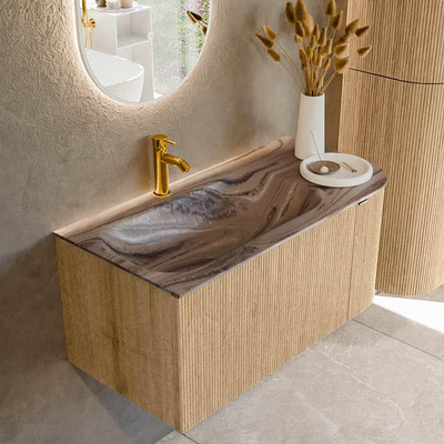 MONDIAZ KURVE-DLUX 95cm meuble de salle de bains arrondi Droite couleur Chêne avec 1 tiroir et 1 porte. Lavabo BIG SMALL Gauche 1 trou de robinet Sombra.