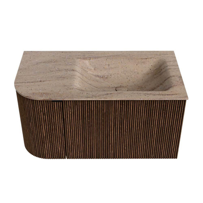 MONDIAZ KURVE-DLUX Meuble de salle de bains 85cm arrondi à gauche couleur Walnut avec 1 tiroir et 1 porte. Lavabo CLOUD à droite sans trou de robinet Saba.