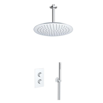 FugaFlow Eccelente Acces Ensemble de douche de tête encastré - thermostatique - bras de plafond - douche de tête 30cm - douchette à main sur barre - flexible de douche lisse - chrome
