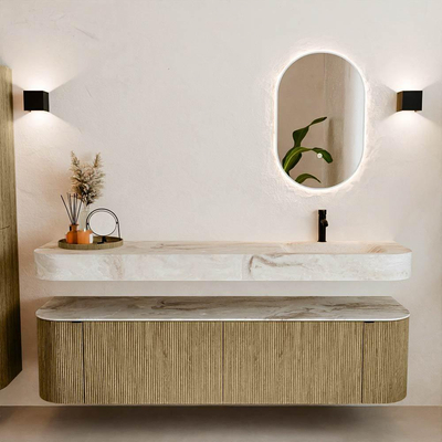 MONDIAZ THOR-DLUX Meuble de salle de bains - 180cm - arrondi gauche + droite - couleur Dusk - 2 tiroirs - 2 portes - Vasque suspendue CLOUD droite 1 trou de robinet - couleur Frappe