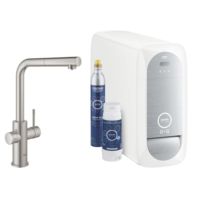 Grohe Blue Home Keukenkraan - uittrekbare L uitloop - 1 gats - filterfunctie - plat licht en bruisend water - Brushed Supersteel (RVS)