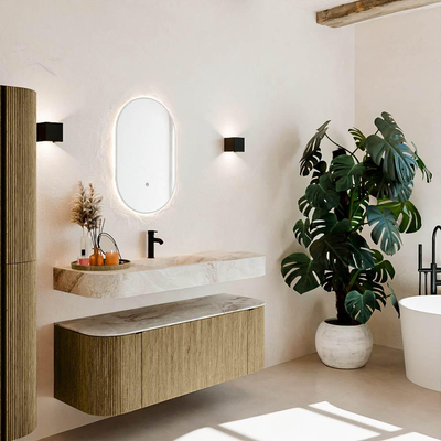 MONDIAZ THOR-DLUX 130cm meuble de salle de bains arrondi gauche + droite couleur Dusk avec 1 tiroir et 2 portes. Vasque suspendue CLOUD Milieu 1 trou de robinet couleur Frappe.