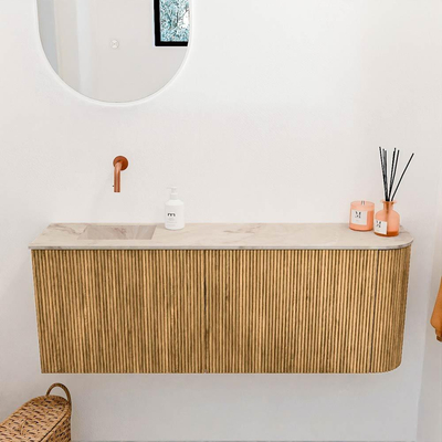 Mondiaz JOYA-DLUX 111.6cm toiletmeubel - ronding rechts kleur Oak - Wastafel FAYE positie Links Zonder kraangat kleur Frappe.