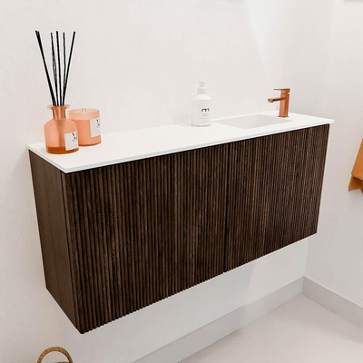 Mondiaz JOYA 90cm toiletmeubel - kleur Walnut - Wastafel FAYE positie Rechts 1 kraangat kleur Talc.