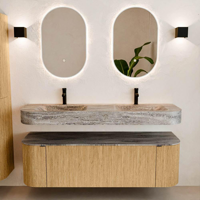 MONDIAZ THOR-DLUX 150cm meuble de salle de bains arrondi gauche + droite couleur Oak avec 1 tiroir et 2 portes. Vasque suspendue CLOUD Double 2 trous de robinet couleur Oza.