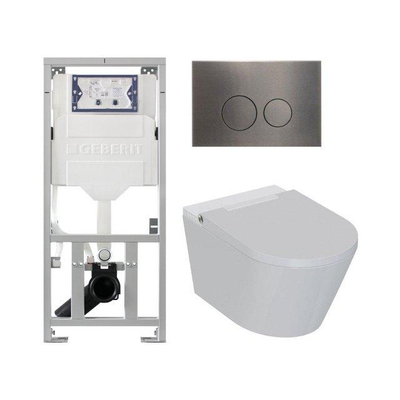 QeramiQ Luma Ensemble WC-douche - Réservoir encastré Geberit UP320 - avec cadre Burda - sèche-cheveux - douchette féminine - plaque de commande gunmetal - boutons ronds - blanc brillant