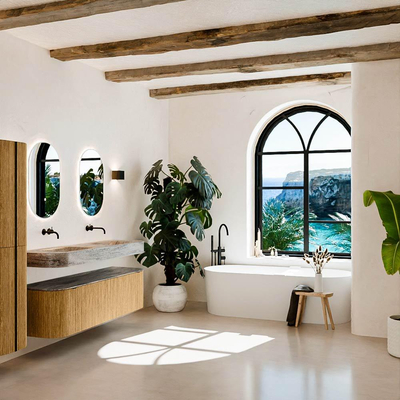 MONDIAZ THOR-DLUX 160cm badmeubel ronding links + rechts kleur Oak met 1 lade en 2 deuren. Vrijhangende wastafel CLOUD Dubbel zonder kraangat kleur Oza.