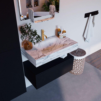 Mondiaz ALAN-DLUX Ensemble de meuble - 80cm - meuble Urban mat - 1 tiroir - Lavabo Cloud Glace suspendu - vasque Centre - 1 trou de robinet