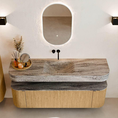 MONDIAZ THOR-DLUX 160cm badmeubel ronding links + rechts kleur Oak met 1 lade en 2 deuren. Vrijhangende wastafel CLOUD Midden zonder kraangat kleur Oza.