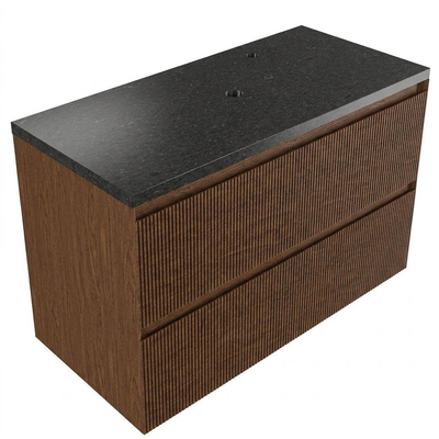 Saniclass Holz Atelier Ensemble meuble de salle de bains - 100x45x63cm - Plan vasque en basalte Noche poli (noir) - 1 trou de robinetterie - 2 tiroirs - walnut pure mat (bois)