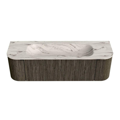 MONDIAZ KURVE-DLUX Meuble de salle de bains 150cm courbure Gauche + Droite couleur Shadow avec 1 tiroir et 2 portes. Lavabo BIG MEDIUM Central sans trou de robinet Nata.
