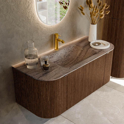 MONDIAZ KURVE-DLUX 110cm badmeubel ronding Links + Rechts kleur Walnut met 1 lade en 2 deuren. Wastafel CLOUD Midden 1 kraangat Oza.
