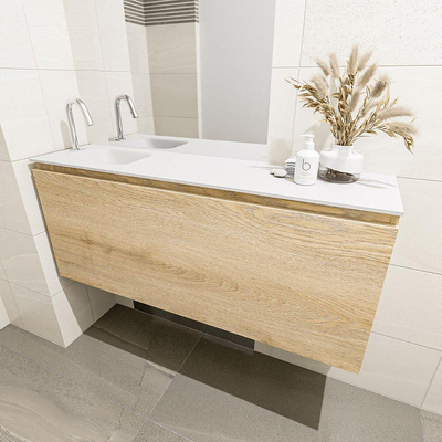 MONDIAZ OLAN Fonteinset - 120x30x40cm - 1 kraangat - 1 lade - washed oak mat - wasbak links - Solid Surface Wit