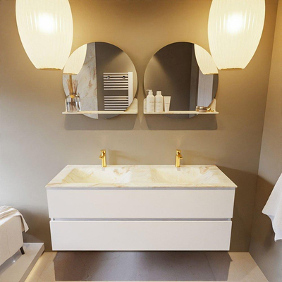 Mondiaz VICA-DLUX Ensemble de meuble de salle de bain - 130cm - meuble sous-vasque talc - 2 tiroirs - lavabo encastré cloud double - 2 trous de robinet - version haute de 60cm - frape