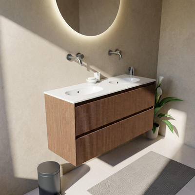 Saniclass Holz Atelier Ensemble de meubles de salle de bains - 120x45x74cm - lavabo Chaci en céramique blanc - 2 vasques - sans trous de robinetterie - 2 tiroirs - walnut pure mat (bois)