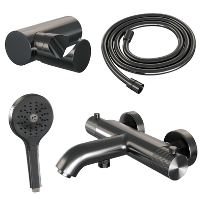 Brauer Gunmetal Carving Badkraan - douchegarnituur - handdouche rond 3 standen - carving knop - PVD - geborsteld gunmetal