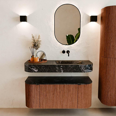 MONDIAZ THOR-DLUX 110cm badmeubel ronding links + rechts kleur Ruby met 1 lade en 2 deuren. Vrijhangende wastafel CLOUD Rechts zonder kraangat kleur Lava.