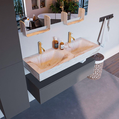 Mondiaz ALAN-DLUX Ensemble de meuble - 120cm - meuble Plata mat - 1 tiroir - Lavabo Cloud Frappe suspendu - vasque Gauche et droite - 2 trous de robinet