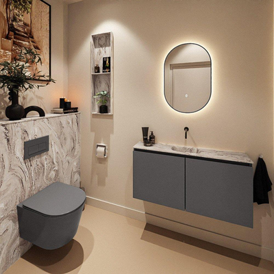 MONDIAZ TURE-DLUX Meuble toilette - 100cm - Dark Grey - EDEN - vasque Glace - position centrale - sans trou de robinet