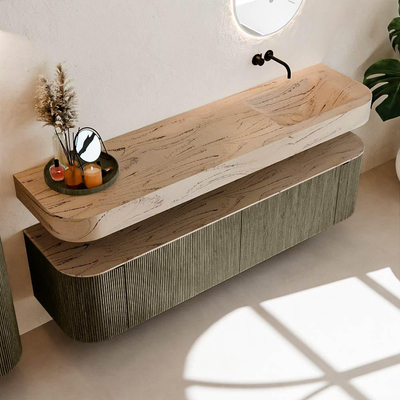 MONDIAZ THOR-DLUX 180cm meuble de salle de bains arrondi gauche + droite couleur Shadow avec 2 tiroirs et 2 portes. Vasque suspendue CLOUD Droite sans trou de robinet couleur Arena.