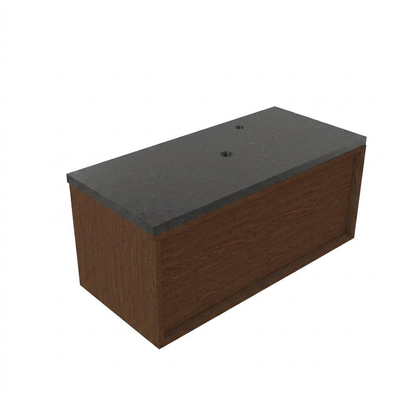 Saniclass Holz Frame Ensemble de meuble de salle de bains - 100x45x43cm - Plan vasque en basalte Noche poli (noir) - 1 trou de robinetterie - 1 tiroir - walnut pure mat (bois)