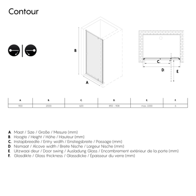 Sealskin Contour Porte pivotante pour niche 90x200cm 6mm verre de sécurité transparent avec revêtement anticalcaire Or brossé