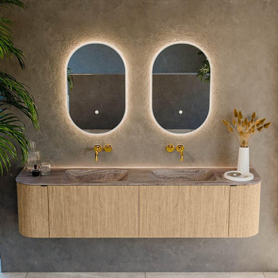 MONDIAZ KURVE-DLUX Meuble de salle de bains 180cm arrondi à gauche + à droite couleur chêne avec 2 tiroirs et 2 portes. Vasque LEAF double sans trou de robinet Oza.