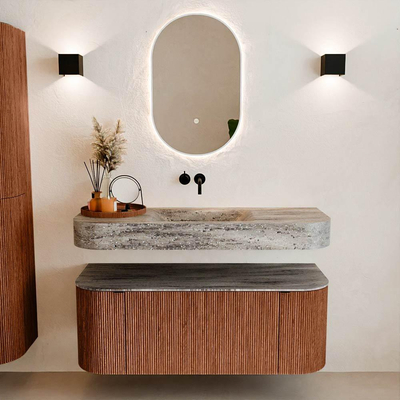 MONDIAZ THOR-DLUX 120cm badmeubel ronding links + rechts kleur Ruby met 1 lade en 2 deuren. Vrijhangende wastafel CLOUD Midden zonder kraangat kleur Oza.