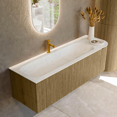Mondiaz KURVE-DLUX Ensemble de meubles de salle de bains - 145x46x40cm - 1 tiroir - 1 porte - lavabo solid surface - gauche - 1 trou de robinet - Dusk