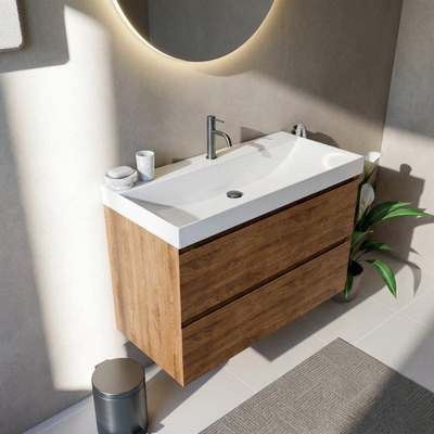Saniclass Holz Pure Ensemble de meubles de salle de bains - 100x45x67.5cm - lavabo Wave en céramique - 1 vasque - 1 trou de robinetterie - 2 tiroirs - chêne natural mat (bois)