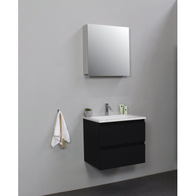 Basic Bella Meuble salle de bains avec lavabo acrylique Blanc avec armoire toilette 1 porte gris 60x55x46cm 1 trou de robinet Noir mat