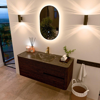 Mondiaz CIRO-DLUX Meuble de salle de bains - 120x45x50cm - Vasque solid surface Lava - 1 vasque au centre - 1 trou de robinet - 2 tiroirs - Noyer