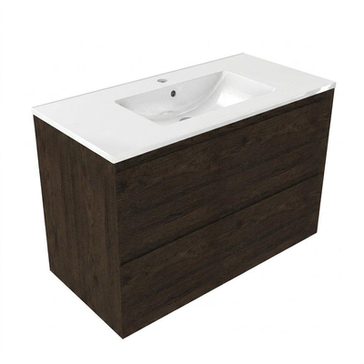 Saniclass Holz Pure Ensemble de meubles de salle de bains - 100x45x62cm - lavabo Vygo en céramique blanc - 1 vasque - 1 trou de robinetterie - 2 tiroirs - chêne charcoal mat (bois)