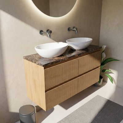 Saniclass Holz Atelier Ensemble de meuble de salle de bains - 120x45x63cm - Plan de travail en pierre naturelle Noche dark emperador - sans trou de robinet - 2 tiroirs - chêne natural mat (bois)