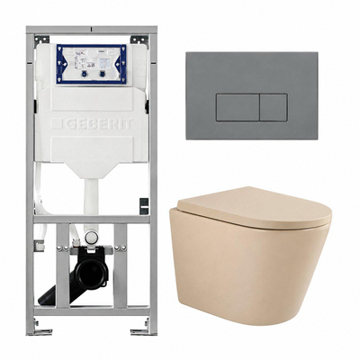 QeramiQ Dely Pack WC - 36,3x51,7cm - à fond creux - sans bride - réservoir encastré Geberit UP320 - abattant WC softclose 35mm - plaque de déclenchement gris clair - boutons rectangulaires - mat beige