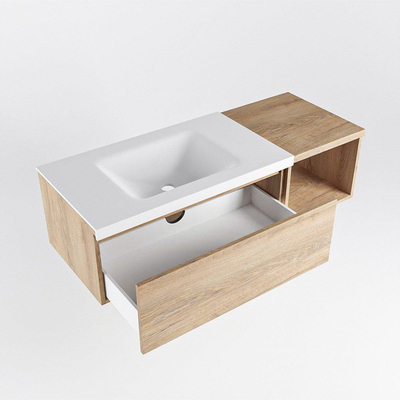 MONDIAZ BUKLA 120cm badmeubel met open module 40 kleur Washed Oak met 1 lade. Wastafel CLOUD links 1 kraangat kleur Talc.