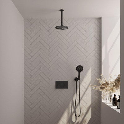 BRAUER Black Edition Douche de pluie thermostatique encastrée - boutons-poussoirs - SET 59 - pomme de douche 20 cm - bras de plafond - douchette 3 jets - flexible de douche - coude de raccordement mural - noir mat