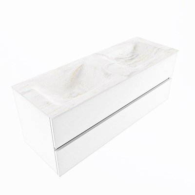 Mondiaz VICA-DLUX ensemble de meuble de salle de bain - 130cm - meuble sous-vasque talc - 2 tiroirs - lavabo encastré cloud double - 2 trous de robinet - version haute de 60cm - ostra