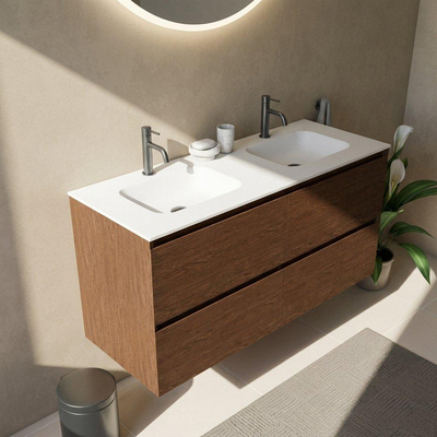 Saniclass Holz Pure Ensemble meuble de salle de bains - 120x45x61.5cm - lavabo Flow en solid surface blanc - 2 vasques - 2 trous de robinetterie - 4 tiroirs - walnut pure mat (bois)