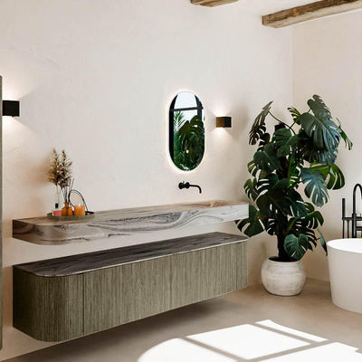 MONDIAZ THOR-DLUX 200cm meuble de salle de bains arrondi gauche + droite couleur Shadow avec 2 tiroirs et 2 portes. Vasque suspendue CLOUD Droite sans trou de robinet couleur Sombra.