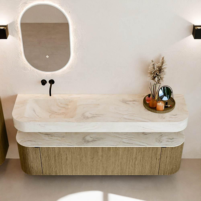 MONDIAZ THOR-DLUX 170cm meuble de salle de bains arrondi gauche + droite couleur Dusk avec 1 tiroir et 2 portes. Vasque suspendue CLOUD gauche sans trou de robinet couleur Ostra.