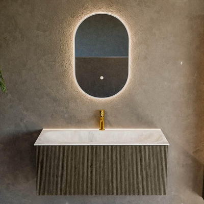 Mondiaz KURVE-DLUX Badkamermeubelset - 100x46x40cm - 1 lade - wastafel solid surface - midden - 1 kraangat - Shadow